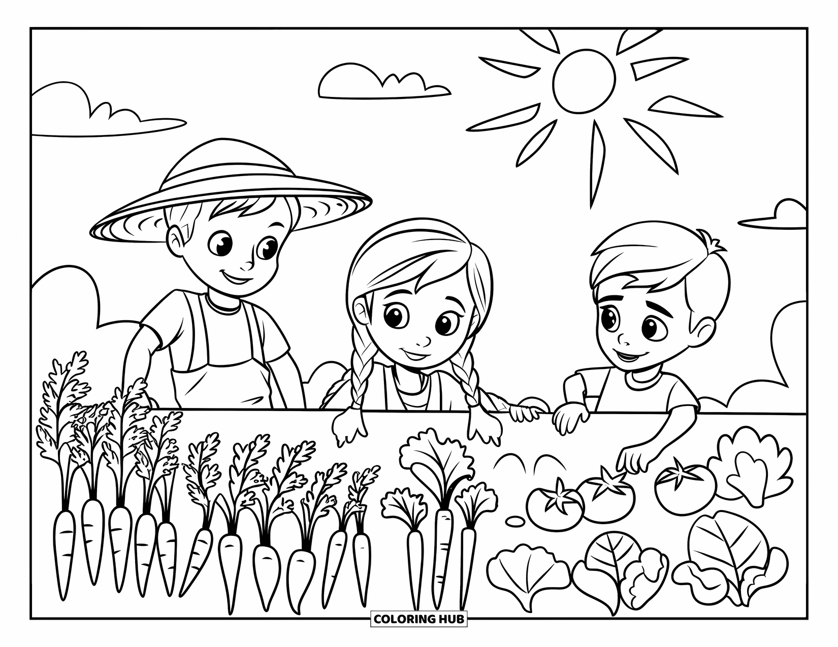 Vegetable Coloring Page for Kids: Children harvest tomatoes, carrots, and lettuce under a bright sky with fluffy clouds