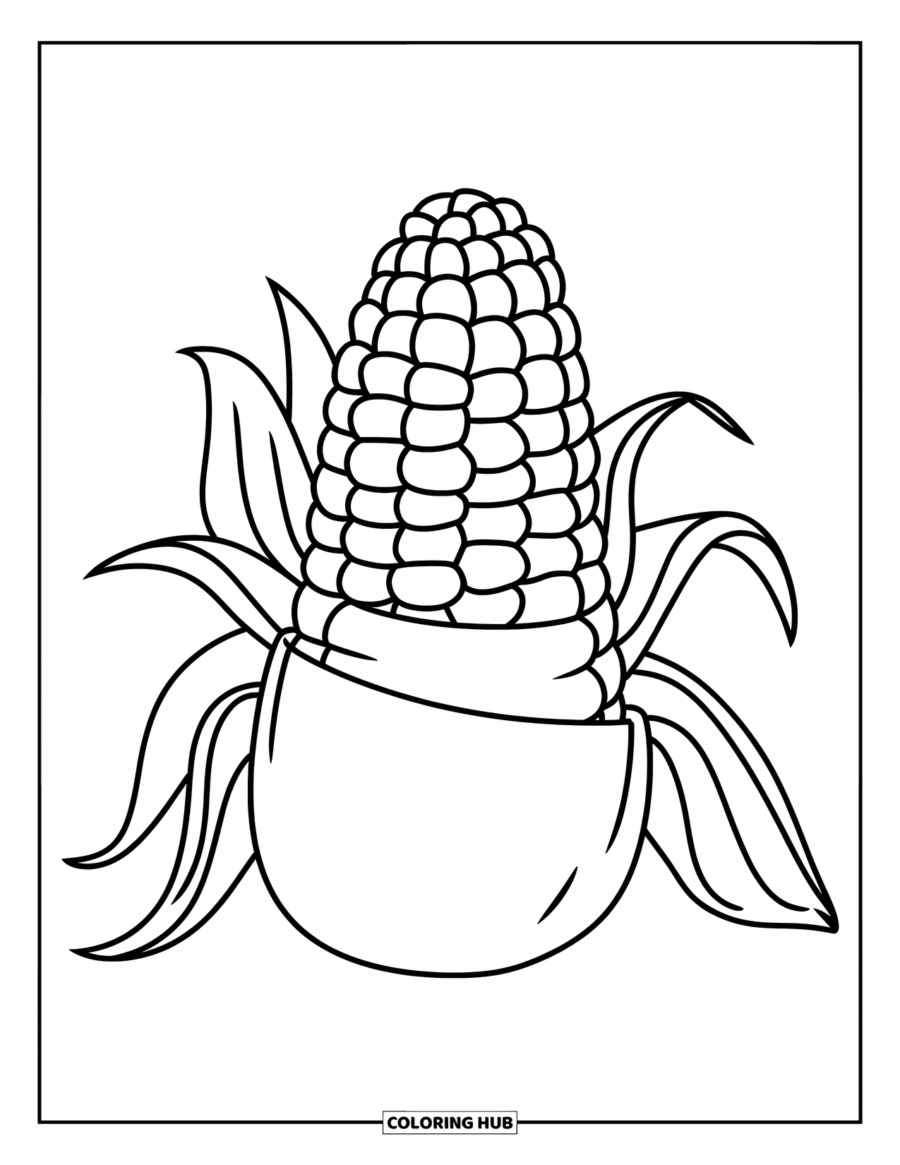 Vegetable Coloring Page for Kids: Chubby corn with big kernels stands proudly with husk pulled back