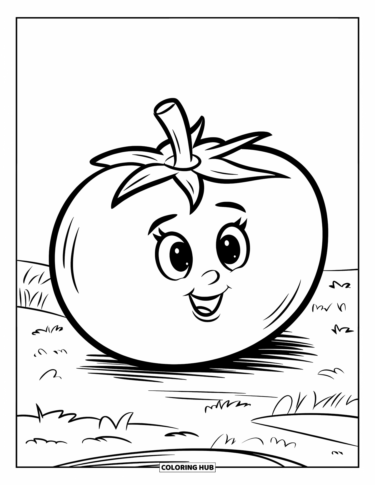 Vegetable Coloring Page for Kids: Happy tomato with a big round shape rests quietly in a field