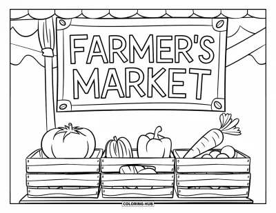 Zöldséges kifestő gyerekeknek: Feliratozott zöldséges ládák ülnek egy "Farmer's Market" tábla alatt barátságos formákkal és mosolyokkal