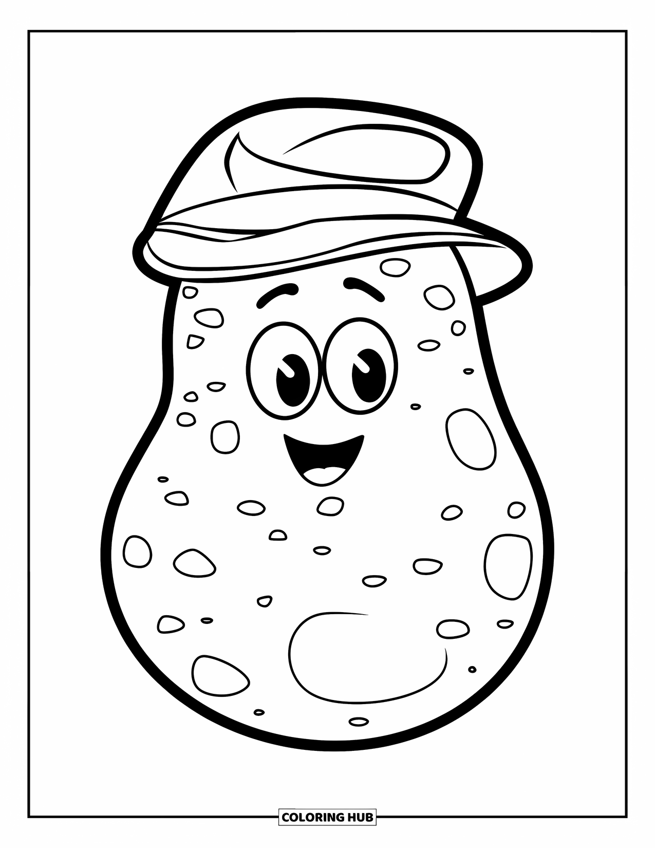 Vegetable Coloring Page for Kids: Potato with a hat and wide eyes stands cheerfully