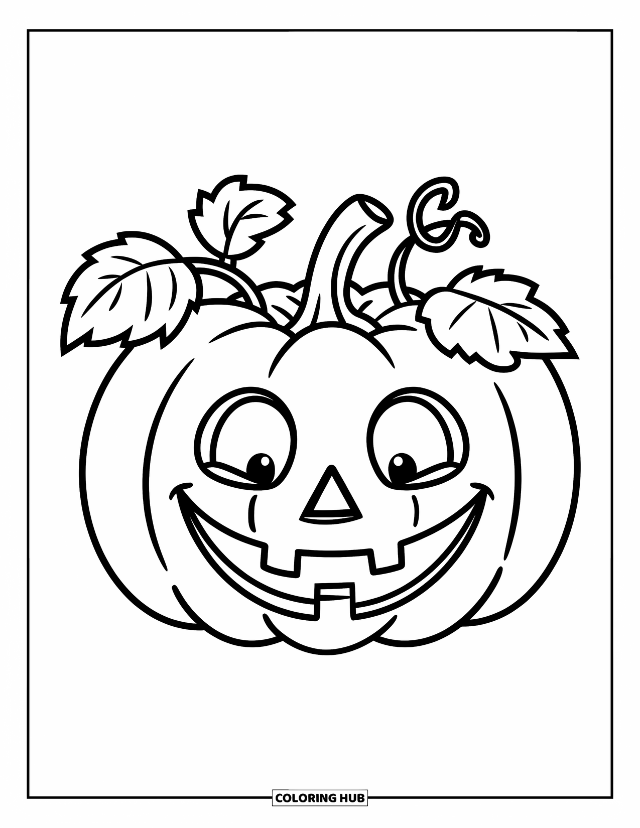 Vegetable Coloring Page for Kids: Pumpkin with a big smile and leafy stem sits cheerfully