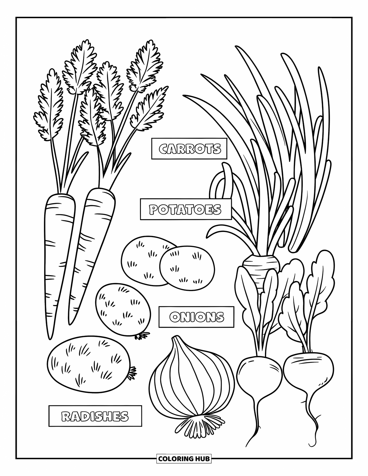 Vegetable Coloring Page for Kids: Root veggies like carrots and onions pose with name tags and little garden details