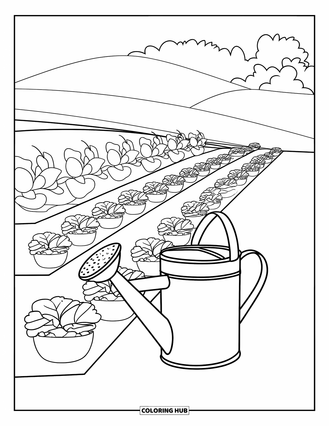 Vegetable Coloring Page for Kids: Rows of veggies grow near a watering can along a quiet path with trees and hills