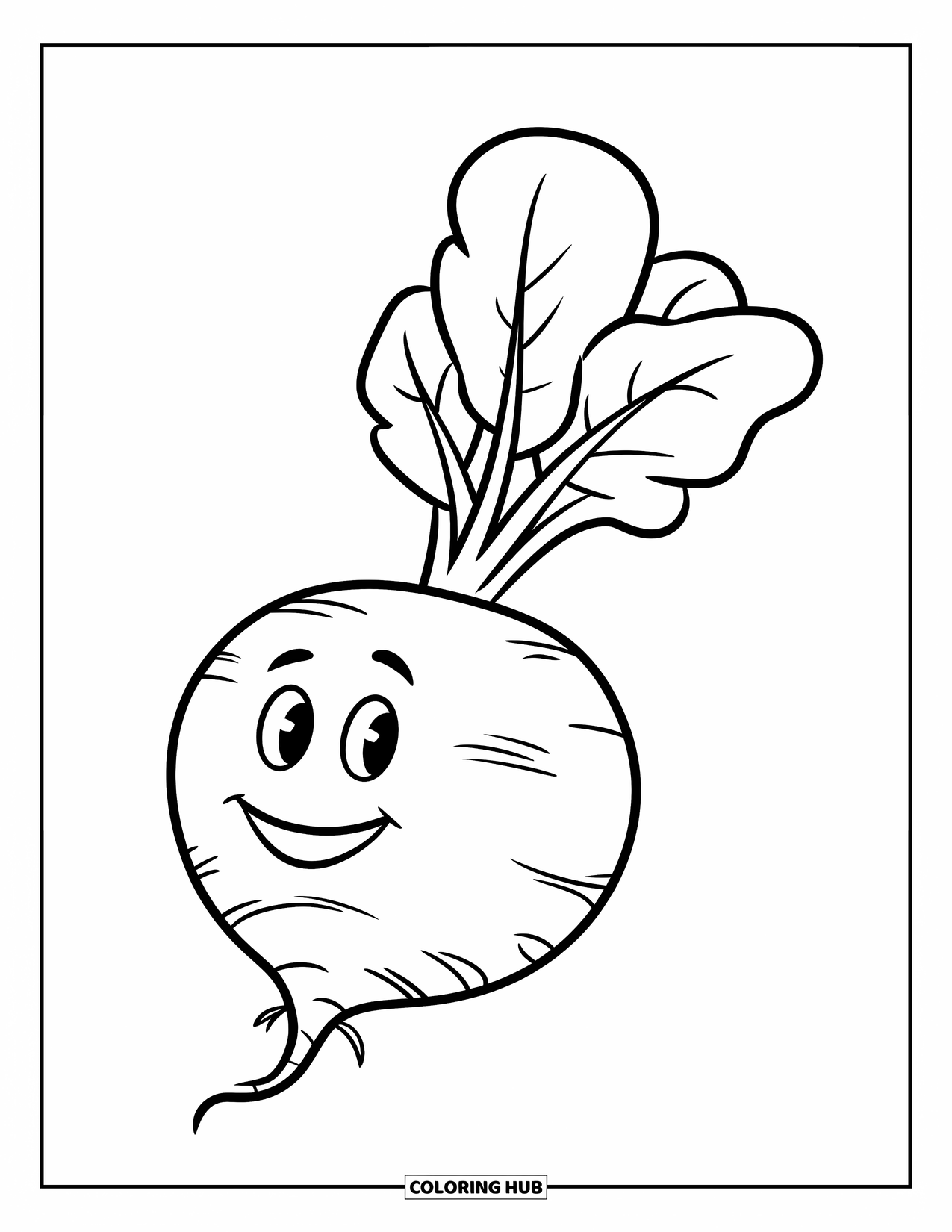 Vegetable Coloring Page for Kids: Smiling radish with leaves and tiny roots stands quietly