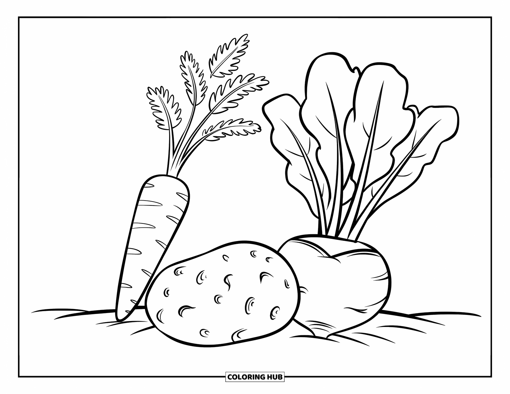 Vegetable Coloring Page for Kids: Smiling root veggies peek from the soil, each with its own cheerful expression