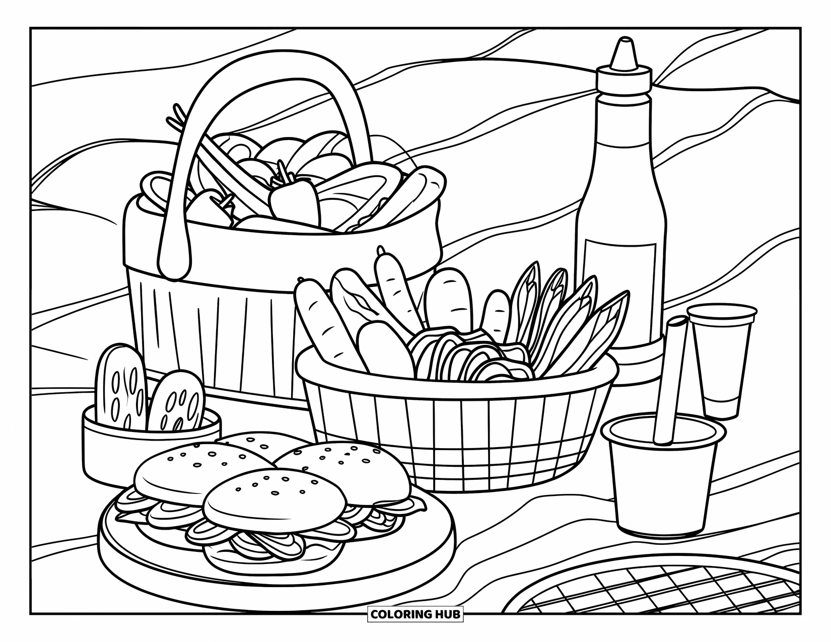 Vegetable Coloring Page for Kids: Veggies, sandwiches, and drinks sit on a checkered blanket with jars and picnic treats