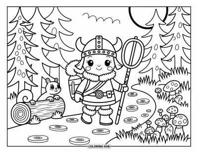 Coloriage de Vikings pour adultes : Un explorateur viking enjoué traverse une forêt ensoleillée avec un écureuil et des champignons alentour