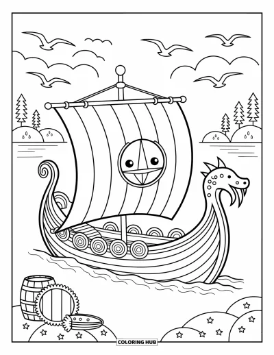 Coloriage de Vikings pour adultes : Un joyeux drakkar à tête de dragon passe devant des collines verdoyantes et des mouettes en vol