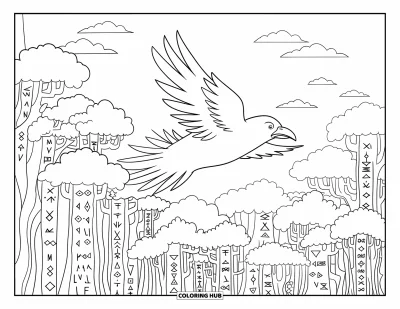 Coloriage de Vikings pour adultes : Un corbeau chibi vole au-dessus d'une forêt brumeuse illuminée de runes luisantes