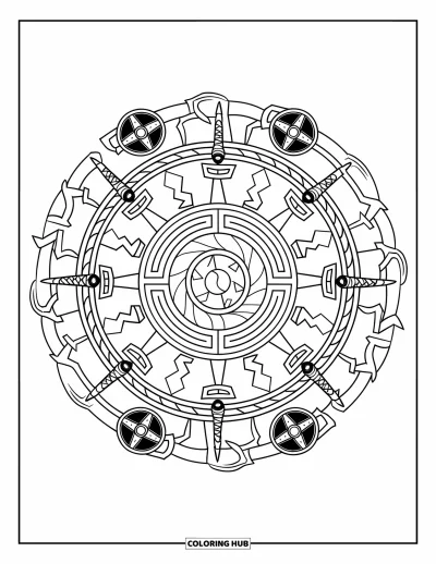Coloriage de Vikings pour adultes : Un mandala de style chibi aux petits boucliers, armes et runes aux courbes élégantes
