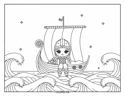 Coloriage de Vikings pour adultes : Une fille viking chibi se détend dans un navire sous un ciel étoilé et apaisé