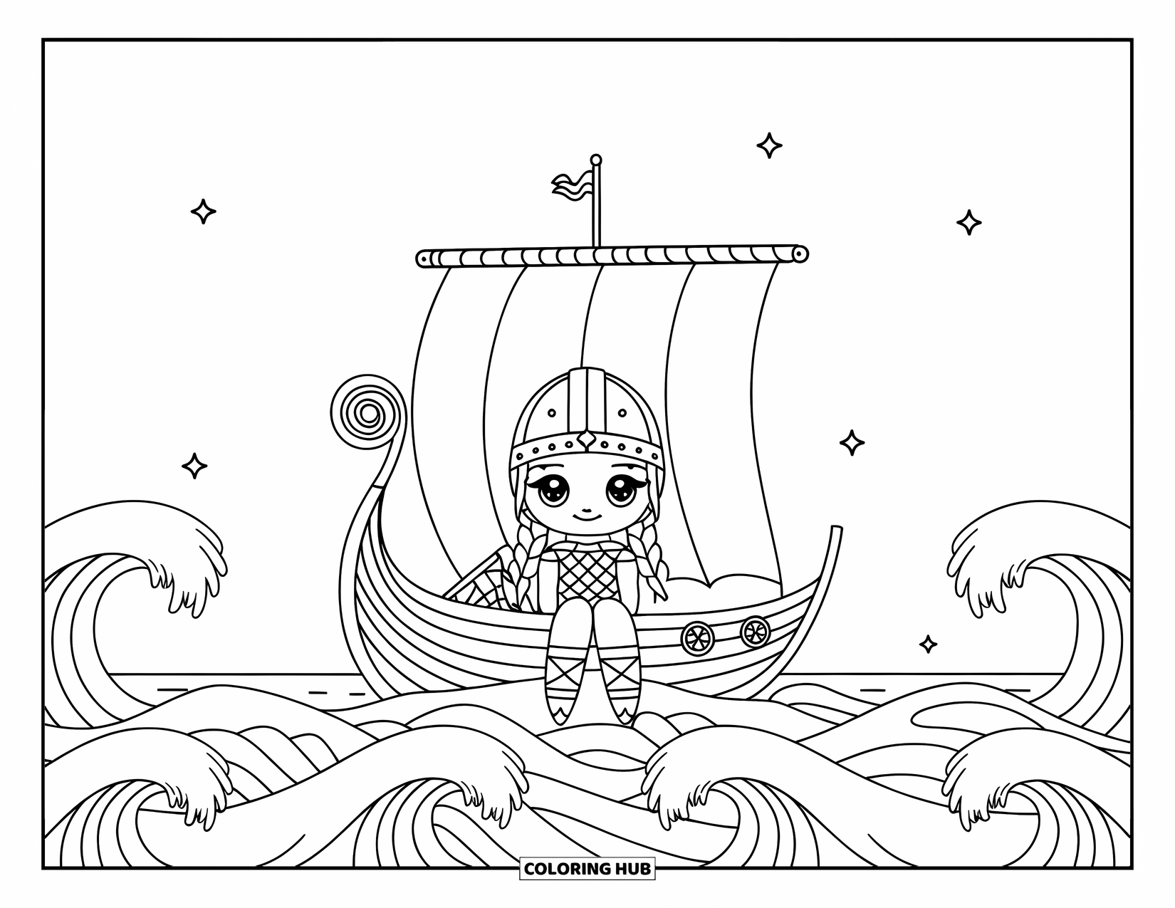 Viking Coloring Page for Adults: A chibi Viking girl relaxes in a ship beneath a starry, peaceful sky
