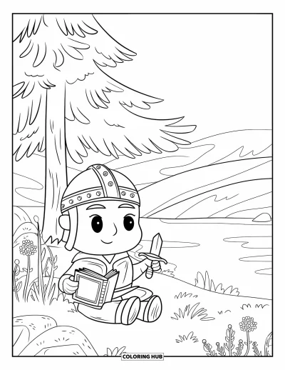 Coloriage de Vikings pour adultes : Un Viking chibi écrit sous un pin au bord d'un lac paisible entouré de fleurs sauvages