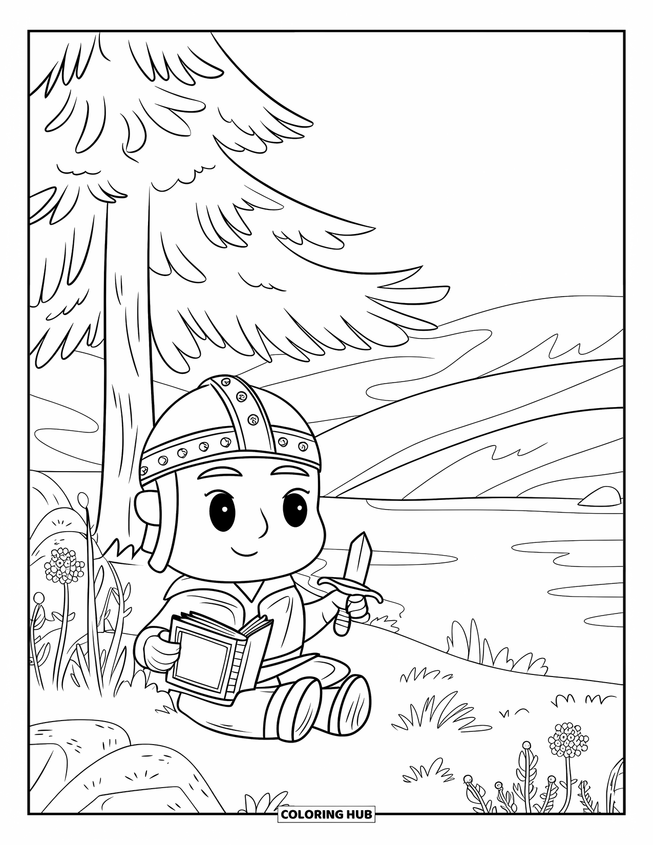 Viking Coloring Page for Adults: A chibi Viking writes under a pine tree beside a calm lake and wildflowers