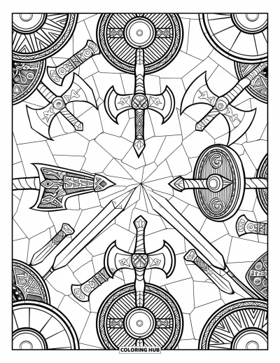 Coloriage de Vikings pour adultes : Un mandala circulaire orné d'épées, de boucliers et de runes vikings ancestrales
