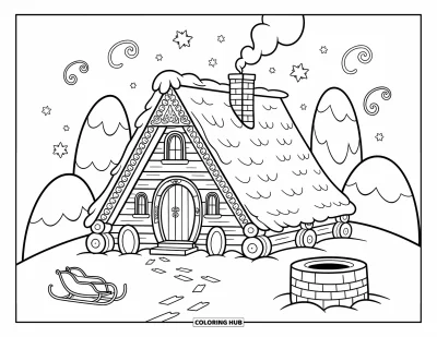 Coloriage de Vikings pour adultes : Une cabane viking douillette se niche parmi des arbres enneigés avec des lanternes illuminées et des flocons qui tombent