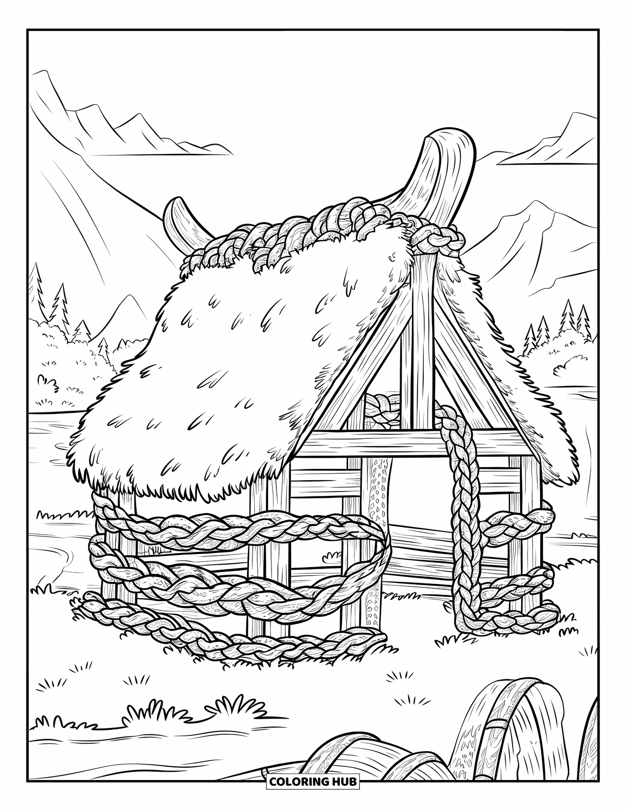 Viking Coloring Page for Adults: A cozy Viking temple ruin is wrapped in vines with water and trees behind it