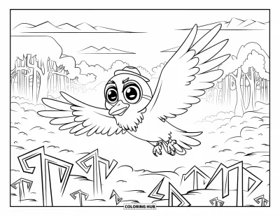 Coloriage de Vikings pour adultes : Un adorable corbeau aux grands yeux plane au-dessus d'une forêt couverte de runes sous un ciel nuageux