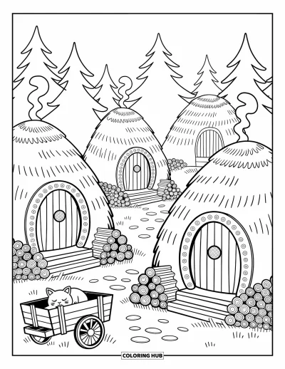 Coloriage de Vikings pour adultes : Un adorable village viking aux huttes de chaume, aux portes ornées de runes et à un chat endormi sur le perron