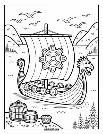 Coloriage de Vikings pour adultes : Un navire à tête de dragon vogue avec des tonneaux et des mouettes sous de douces collines arrondies