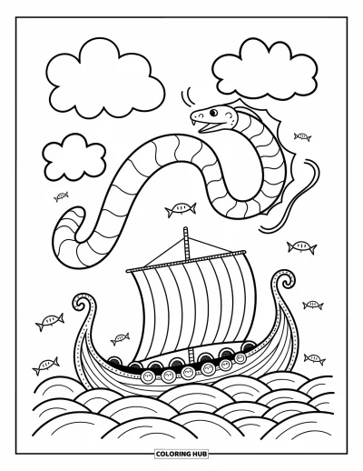 Coloriage de Vikings pour adultes : Un long serpent s'enroule autour d'un bateau viking voguant sous des nuages espièges et des poissons sautants