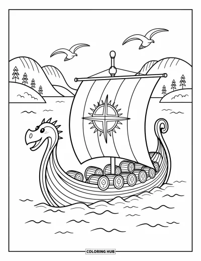 Coloriage de Vikings pour adultes : Un paisible bateau viking glisse devant des collines et des pins avec une voile chargée de charme nordique