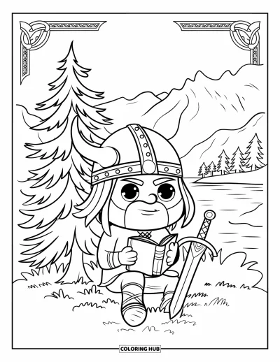 Coloriage de Vikings pour adultes : Un Viking serein assis près d'un pin avec son journal, face aux montagnes et à l'eau
