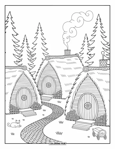 Coloriage de Vikings pour adultes : Un village viking paisible niché sous des pins avec des huttes douillettes et un chat assoupi