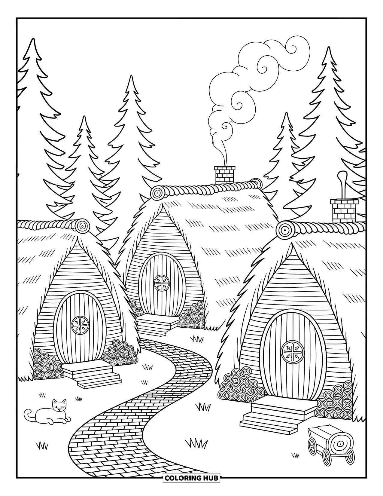 Viking Coloring Page for Adults: A peaceful Viking village rests under pine trees with cozy huts and a dozing cat