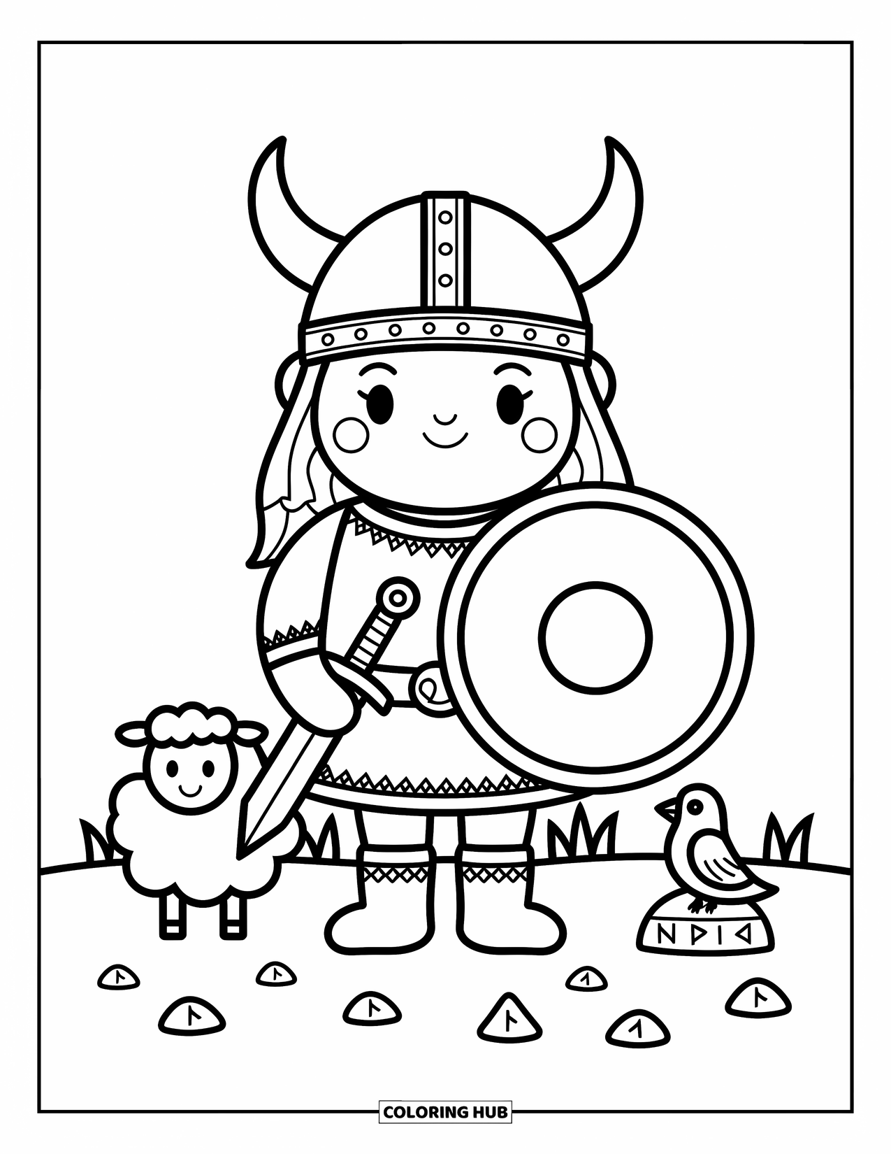 Viking Coloring Page for Adults: A proud Viking stands with a round shield, joined by a bird and a fluffy sheep