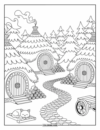 Coloriage de Vikings pour adultes : Un village viking tranquille de maisons rondes se blottit sous de grands arbres avec de la fumée qui s'élève en volutes des cheminées