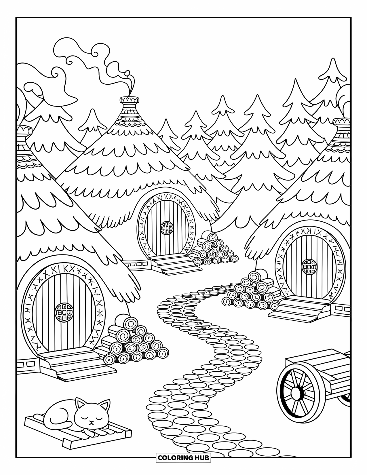 Viking Coloring Page for Adults: A quiet Viking village of round huts sits under tall trees and curling chimney smoke