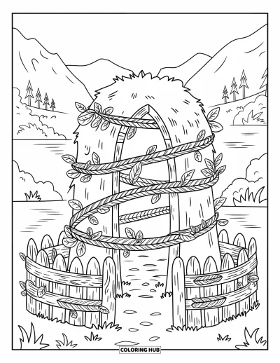 Coloriage de Vikings pour adultes : Un temple viking en ruines enroulé de lianes nordiques au bord d'un lac calme et de montagnes