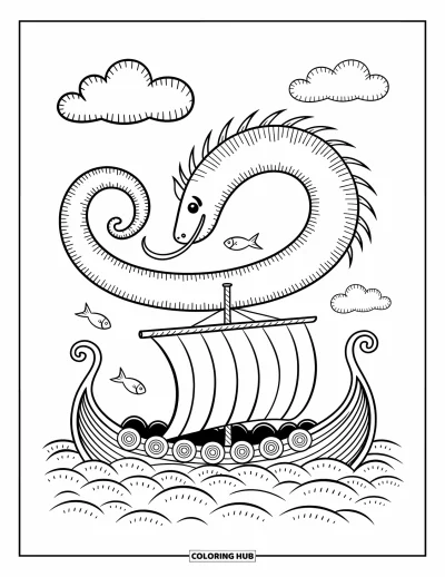 Coloriage de Vikings pour adultes : Un serpent marin danse autour d'un drakkar pendant que des poissons bondissent et que des nuages dérivent au-dessus