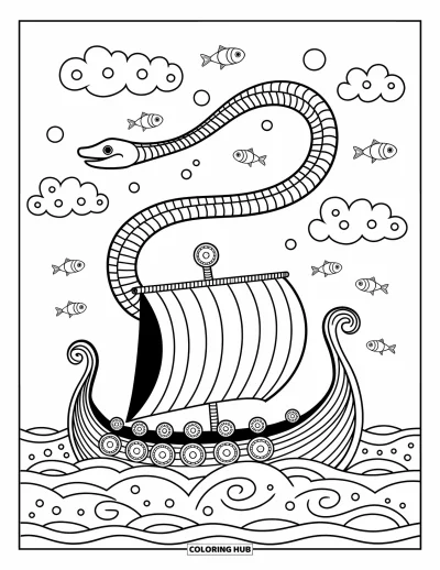 Coloriage de Vikings pour adultes : Un serpent s'enroule autour d'un drakkar sous des nuages cotonneux et des poissons bondissants