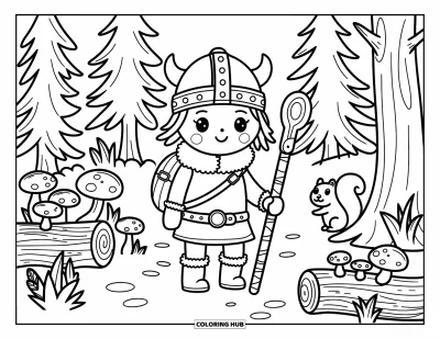 Coloriage de Vikings pour adultes : Un petit Viking traverse une forêt de pins avec un bâton et un sac de voyage