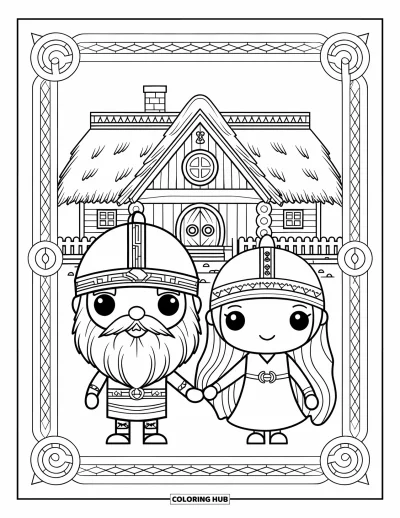 Coloriage de Vikings pour adultes : Un charmant couple de Vikings près d'une maison en bois avec une clôture et des ornements délicats
