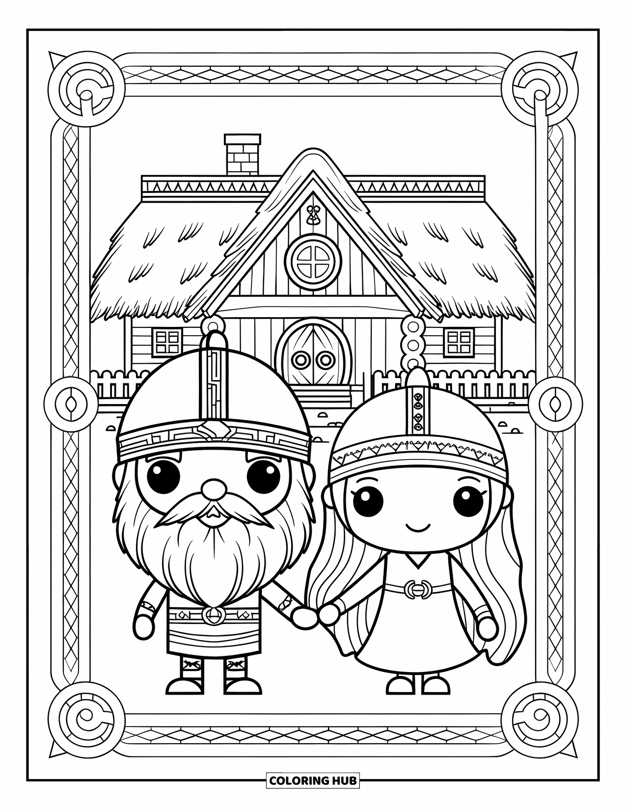 Viking Coloring Page for Adults: A sweet Viking couple stands by a wooden house with a fence and ornate details
