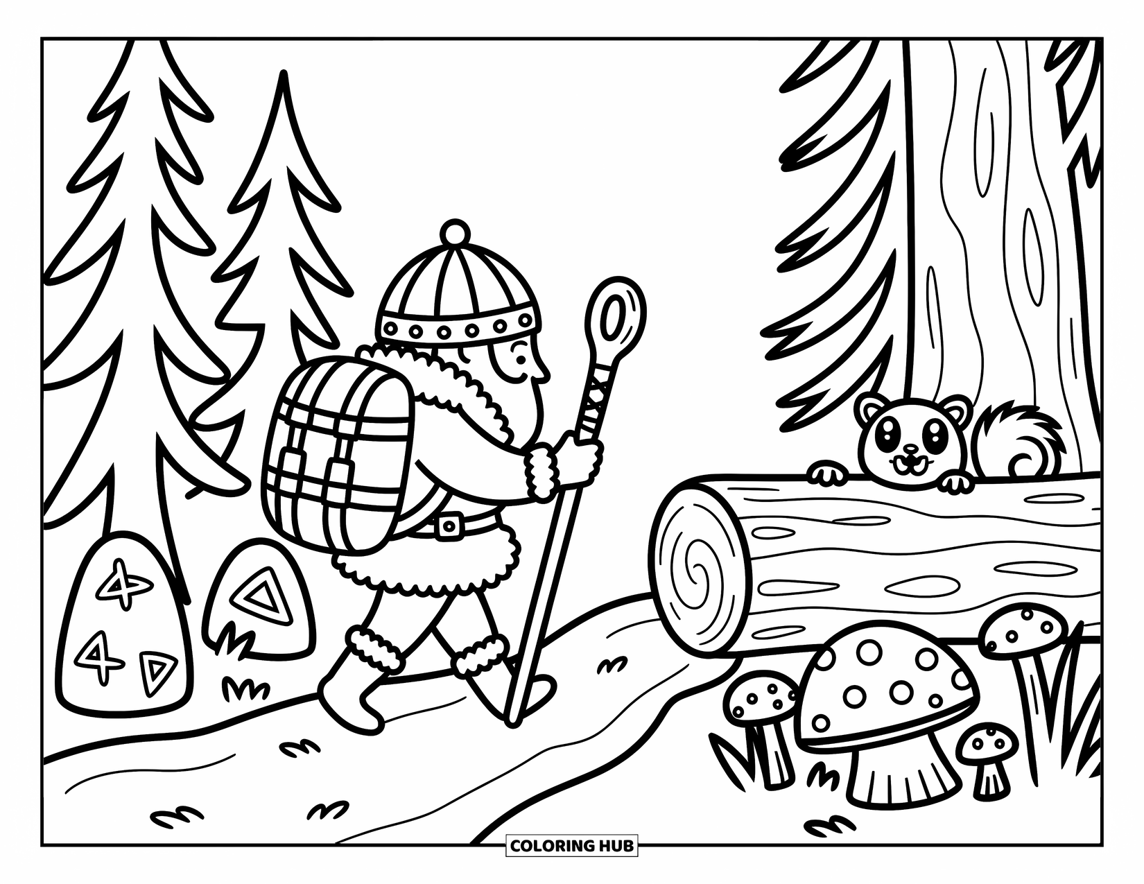 Viking Coloring Page for Adults: A tiny Viking strolls past mushrooms and runes with a squirrel watching from a tree