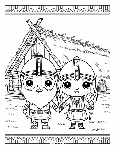 Coloriage de Vikings pour adultes : Un couple de Vikings se tient par la main devant une chaleureuse maison longue sur un terrain herbeux