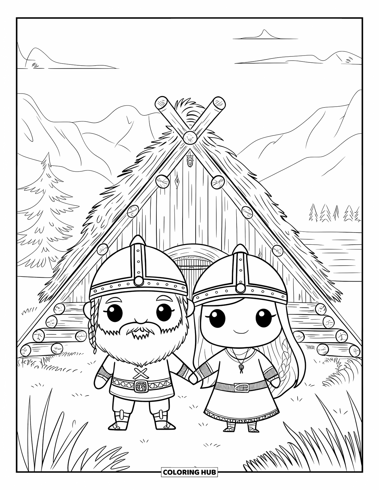 Viking Coloring Page for Adults: A Viking couple smiles in front of a longhouse surrounded by mountains and trees