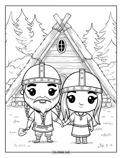 Coloriage de Vikings pour adultes : Un couple de Vikings se tient joyeusement près d'une maison longue entourée d'arbres