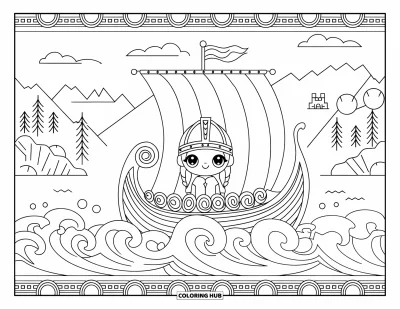 Coloriage de Vikings pour adultes : Une fille viking assise calmement dans un navire tandis que des vagues tourbillonnantes l'entourent