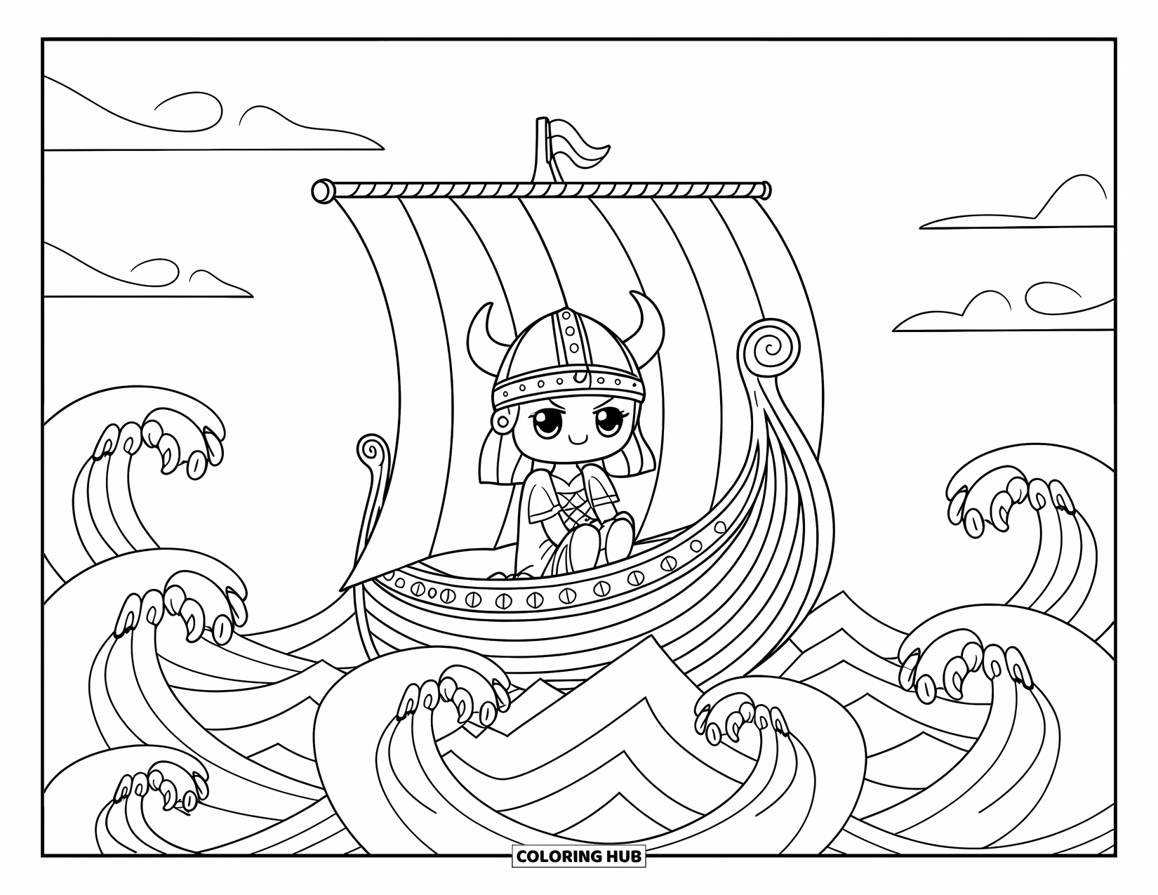 Viking Coloring Page for Adults: A Viking girl with a helmet sits in a ship under fluffy, swirling clouds
