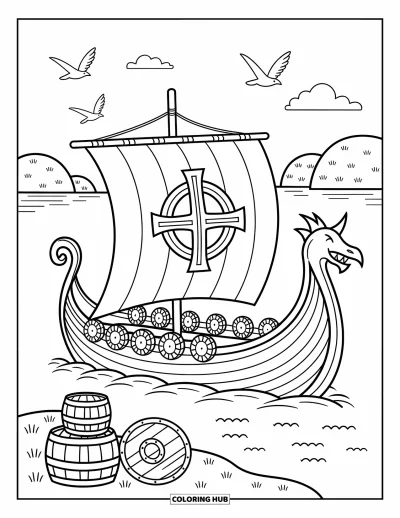 Coloriage de Vikings pour adultes : Un drakkar chargé de tonneaux et de boucliers navigue sereinement devant des fjords couverts de pins