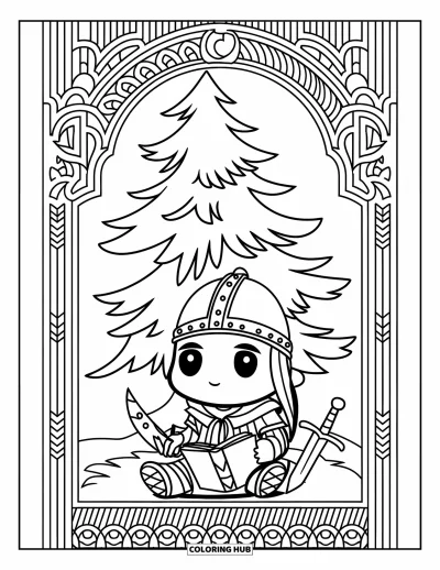 Coloriage de Vikings pour adultes : Un Viking se repose sous un pin avec son journal et son épée à côté de lui