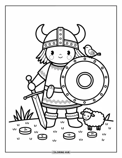 Coloriage de Vikings pour adultes : Un guerrier viking se tient fièrement avec un bouclier, un oiseau et un mouton laineux à ses pieds