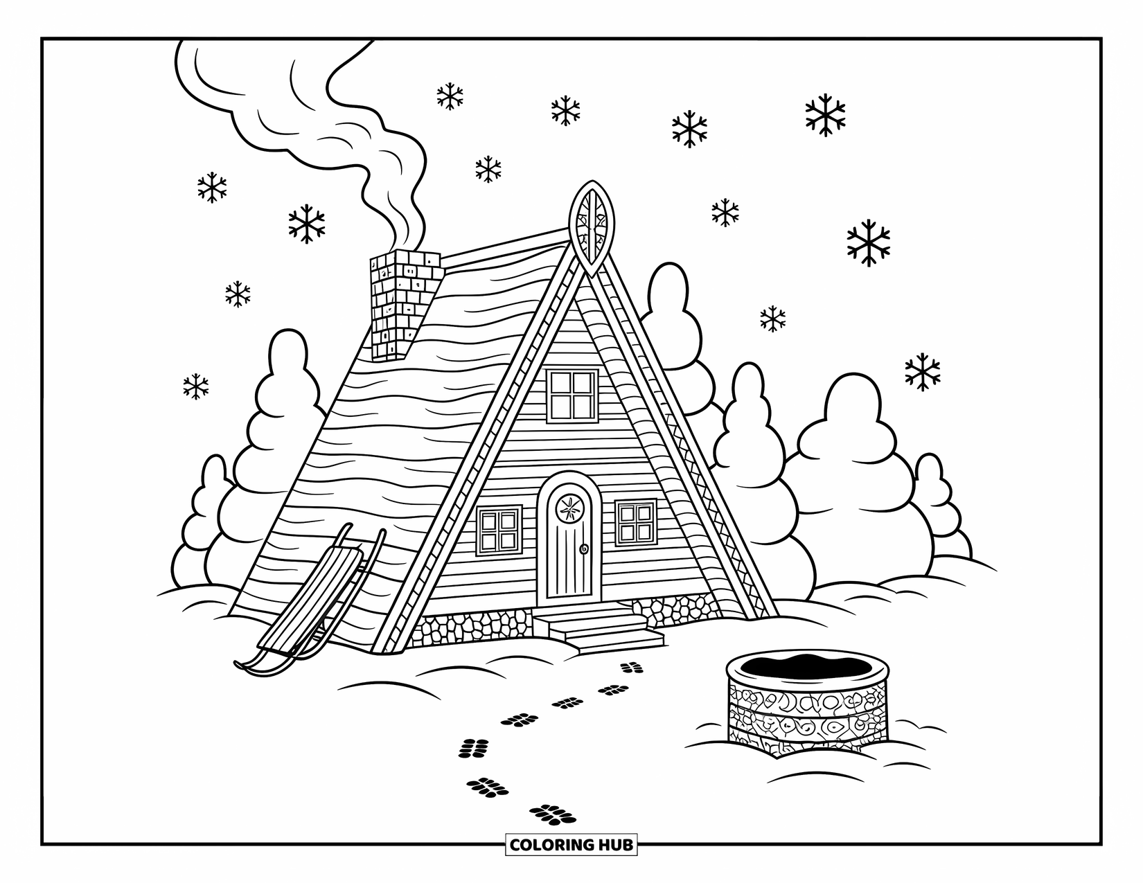 Viking Coloring Page for Adults: A wooden Viking cabin glows warmly as snow swirls and footprints lead to a tiny well
