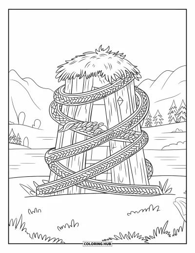 Coloriage de Vikings pour adultes : Un temple viking en bois recouvert de lianes tressées avec des collines paisibles et un lac en arrière-plan